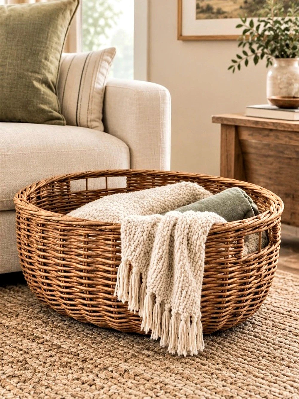 Large French Oval Hand Woven Wicker Brown Basket w/ Handles Gathering Blanket